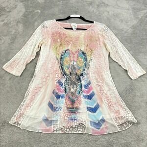 Flew De Lis Tunic Top Womens Small Pink Multicolor Floral Artsy Fairycore Y2K
